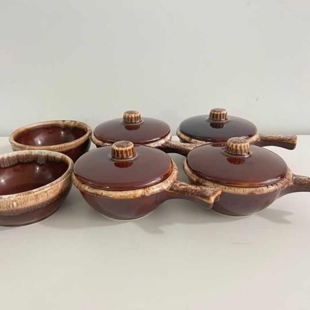 Vintage HULL Pottery Oven Proof USA Brown Drip Glazed Bowls w/ Handle & Lids